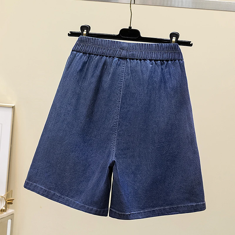 2024 Summer New Large Women's Minimalist Elastic High Waist Solid Color Patchwork Pocket Thin Loose Wide-leg Casual Denim Shorts