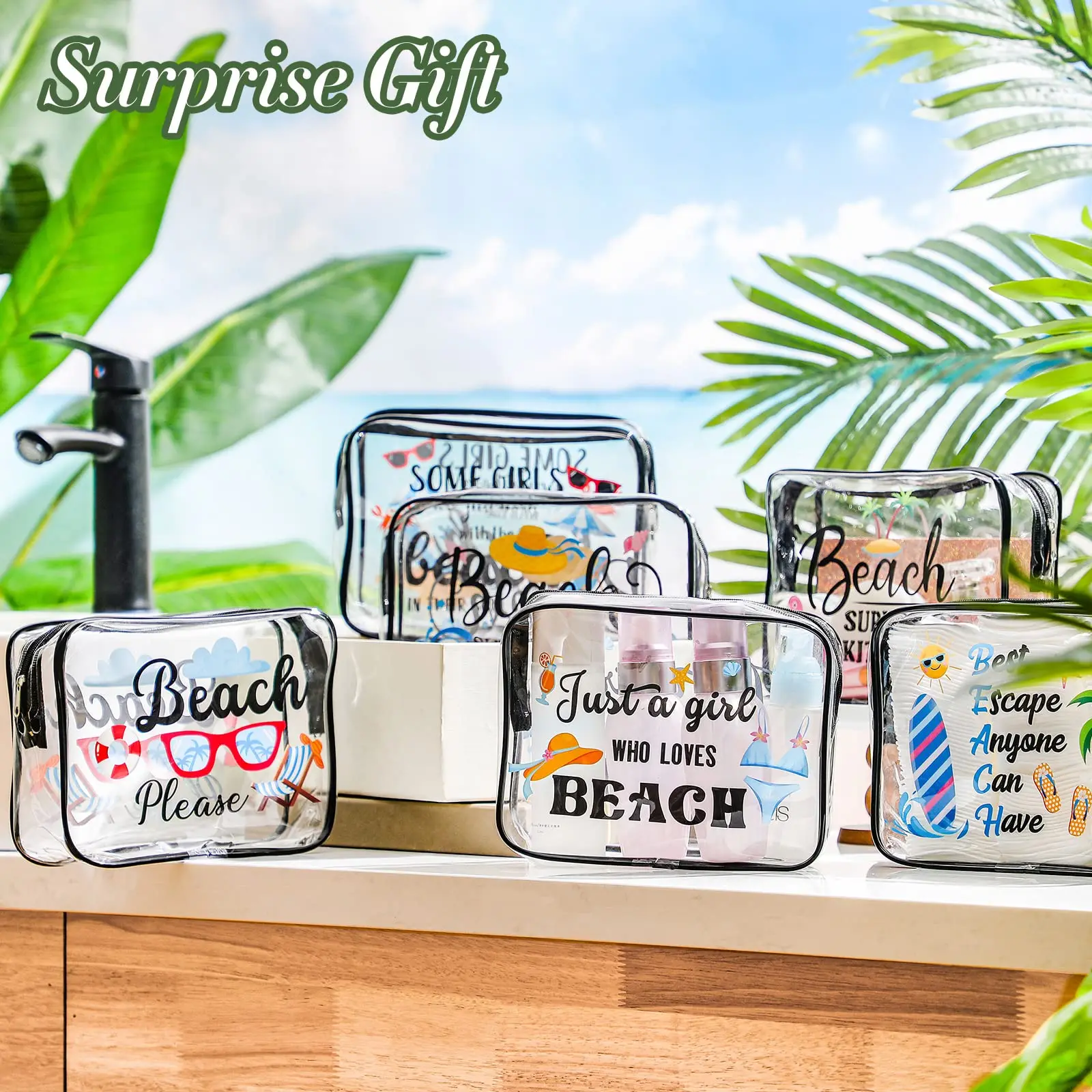 

Beach Clear Makeup Bags for Women, Summer Beach Bag, PVC Waterproof Handbags, Travel Cosmetic Bags with Zipper, 6 Pcs
