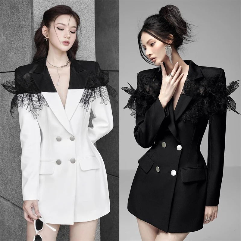 

2024 Early Spring New Slim Fit Coat 3D Lace Design Sense Heavy Industry Waist Closing Style Suit Coat Splicing For Women