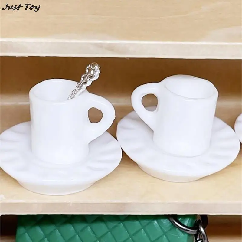 

3x Doll House Miniature Simulation Pocket Ceramics Coffee Cup with silver spoon Saucer Mini Kitchen Decor Doll House Accessory