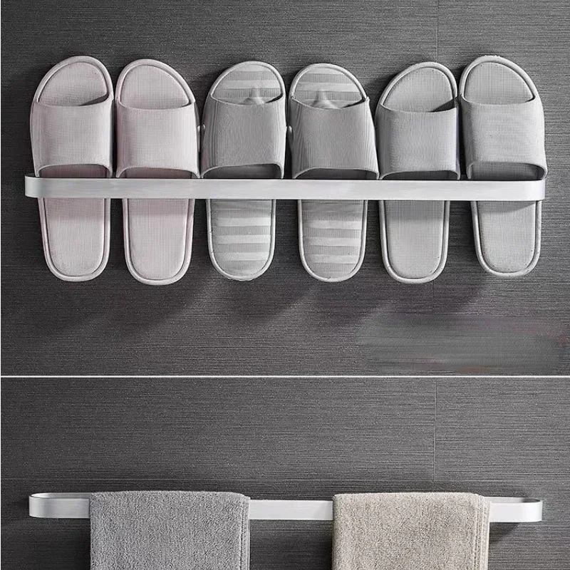 Free Punch Aluminum Slipper Rack Wall Mount Bathroom Bedroom Shoe Hanging Holder Organizer Toilet Wall Door Towel Storage Shelf 2