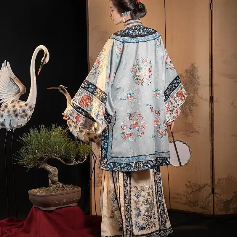 5 Color Retro Heavy Industry Antique Clothes Women Qing Dynasty Flower Printed Loose Long Sleeve Cheongsam Dress Qipao Cospaly