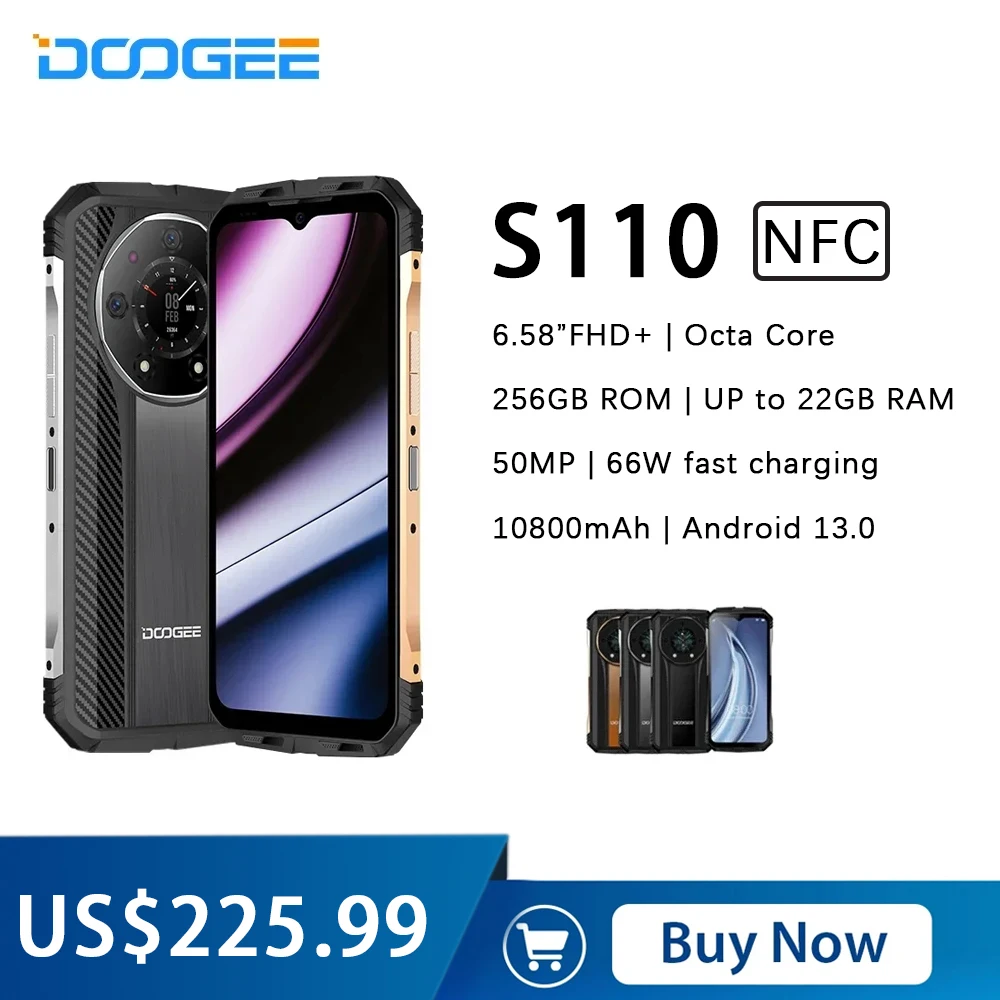 

Смартфон DOOGEE S110 защищенный, Android 13, 10800 мА · ч, 6,58 дюйма, FHD, 8 ядер, 22 ГБ + 256 ГБ, мобильный телефон 66 Вт, быстрая зарядка
