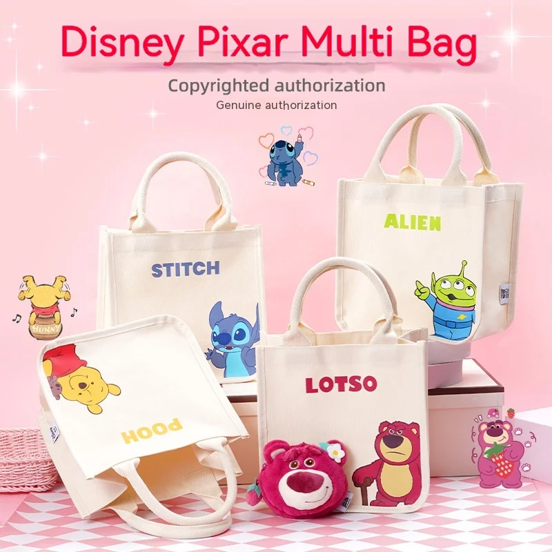 

Disney Canvas Handbag Cartoon Strawberry Bear Stitch Alien Winnie The Pooh Anime Handbag Lunch Bag Shopping Bag Multi-Purpose