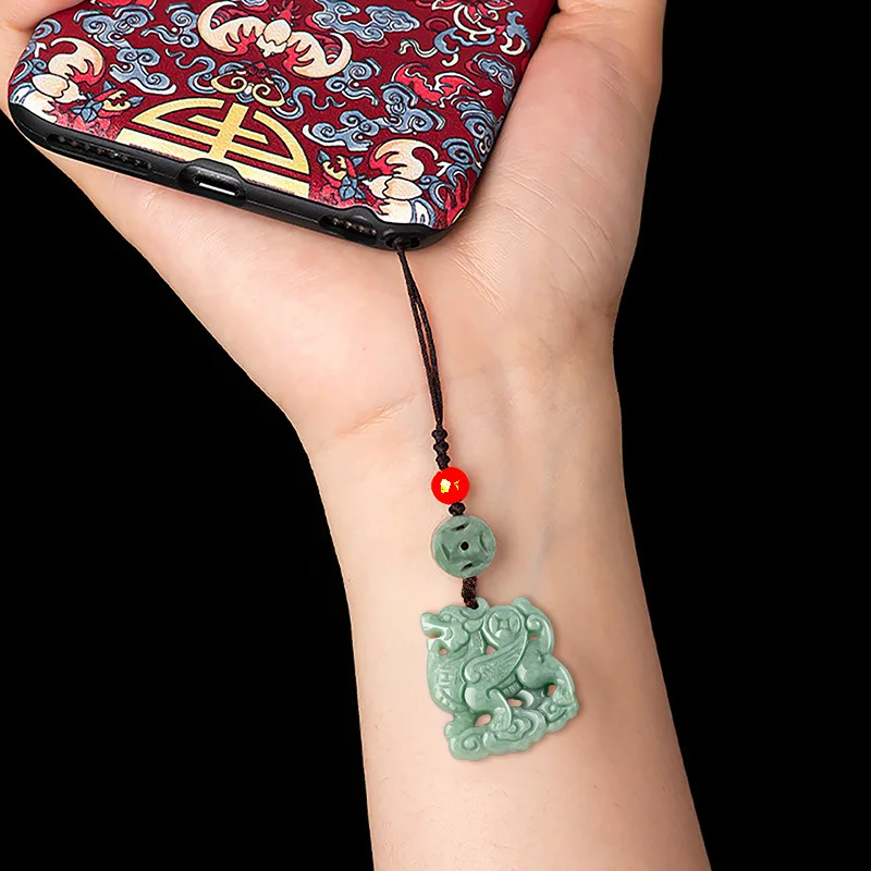 

Mai Chuang/Hand Carved/Natural Jade Flying Unicorn Emerald Pendant Mobile Phone Car Chain Fashion Personality Boutique Jewelry