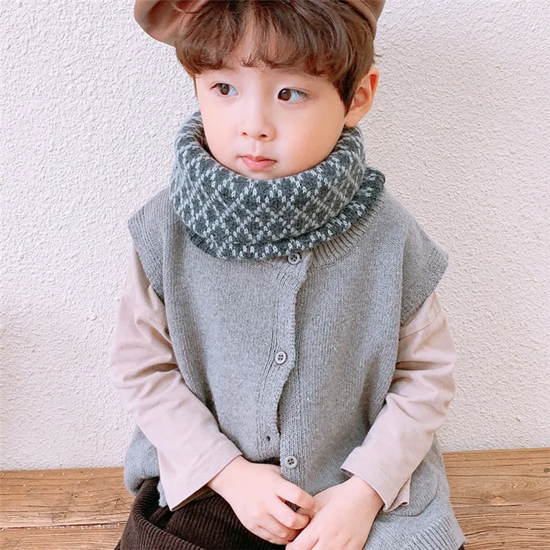 Fashion Diamond Grid Knitted Children's Scarf Winter Warm Windproof Cute Boys and Girls Neck Cover Scarves Clothing Accessories