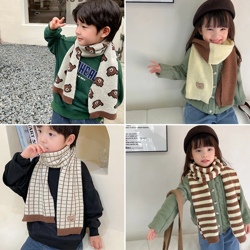 Winter Korean Children Scarf Cute Cartoon Bear Soft Cotton Knitted for Boy Girl