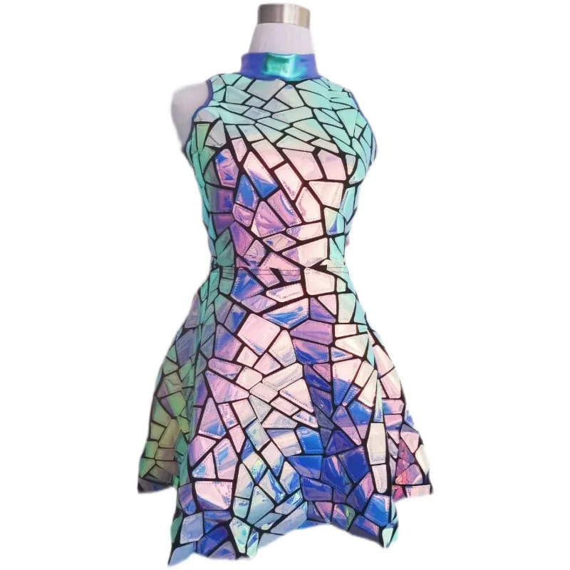 

Sequins Purple Blue Laser Mirror Sleeveless Short Dress Women Singer Dancer Bar Nightclub Stage Wear Birthday Prom Show Costume
