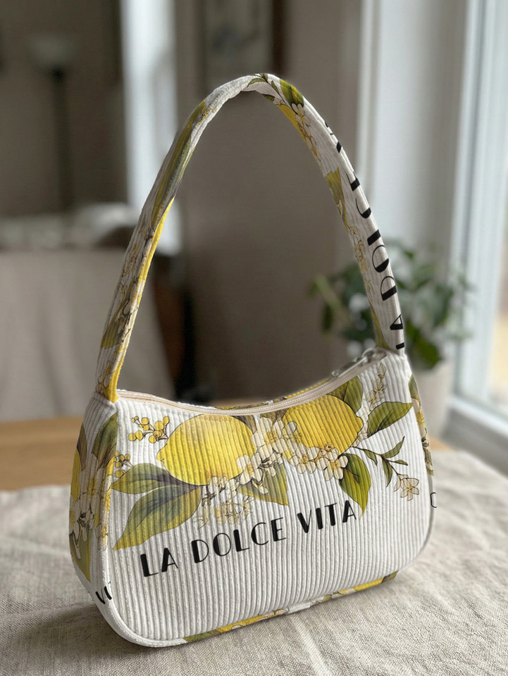  Trendy Lemon Print Shoulder Bag, Corduroy Underarm Bag for Daily Casual Use 