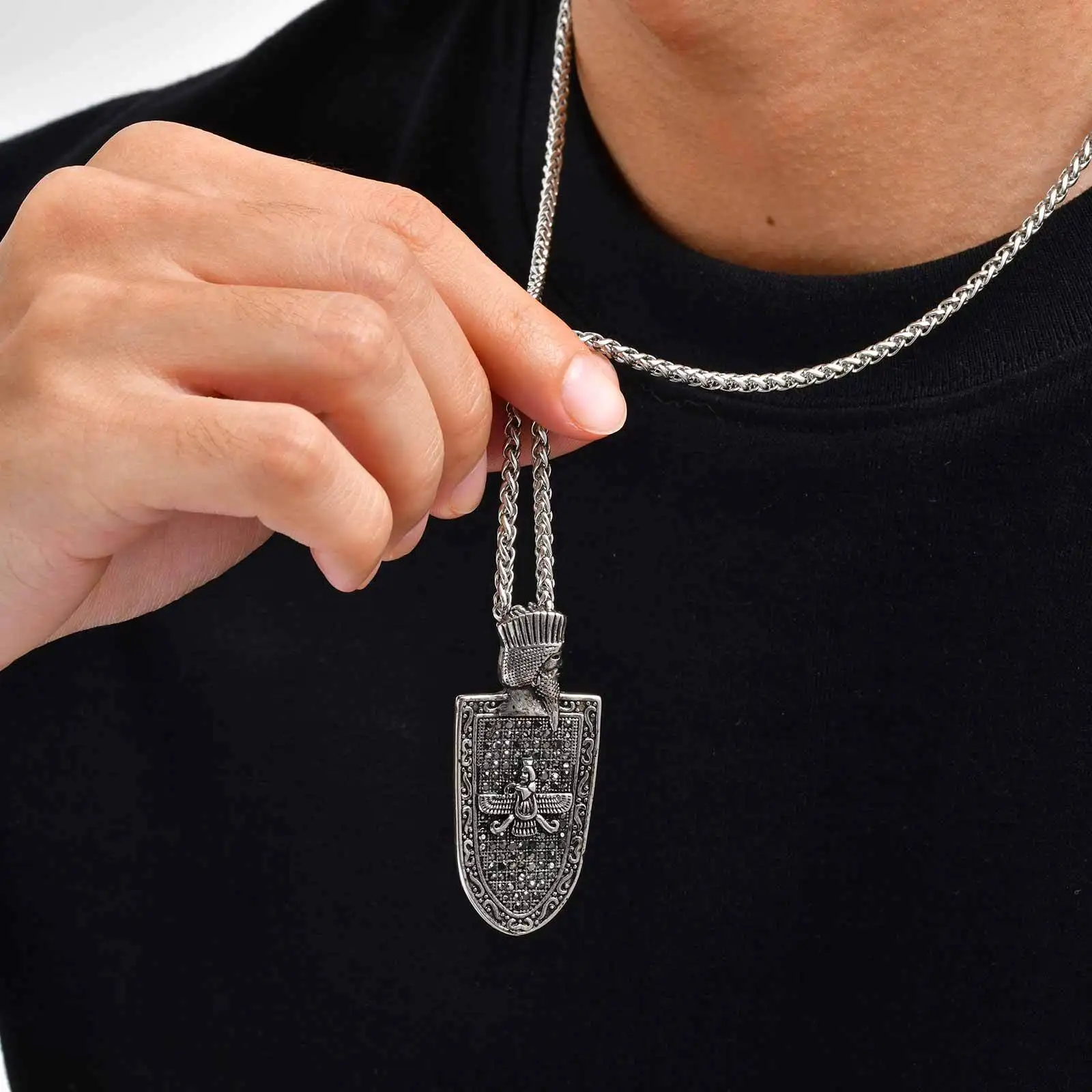 Men Zoroaster Zoroastrian Pendant Necklace,Stainlesss Steel Black Zircon Shield Pendant Necklace Gift