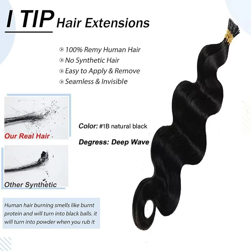 Body Wave Tip Human Hair Extensions Natural Black Hair Extensions Fusion 100% Remy Stick Tip Real Human #1B