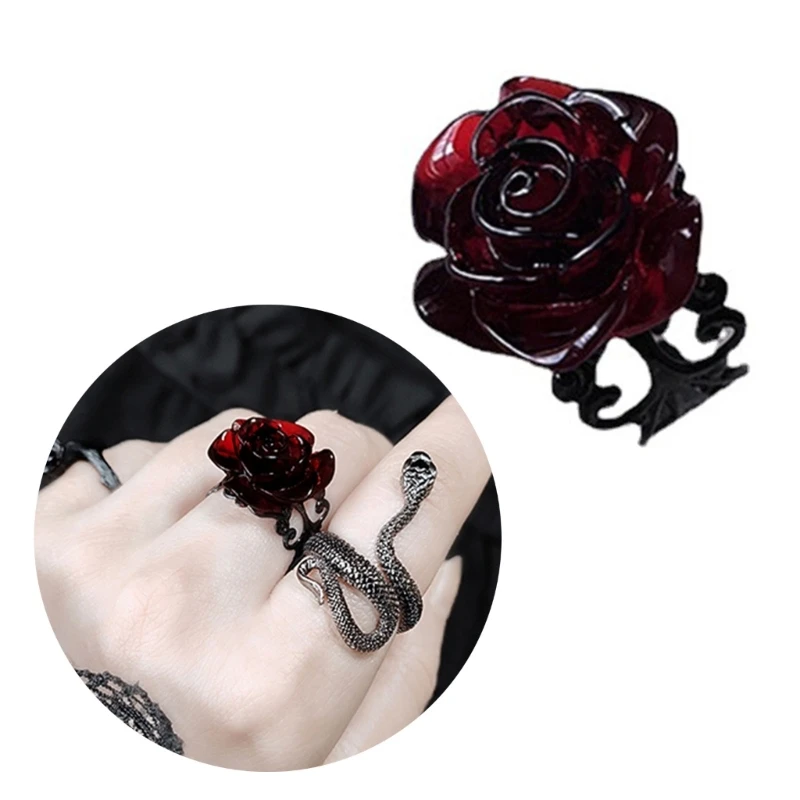 Red Rose Gothic Victorian Rings Adjustable Finger Rings Goth Trendy Flower Open Rings Halloween Party Jewelry Wedding 5
