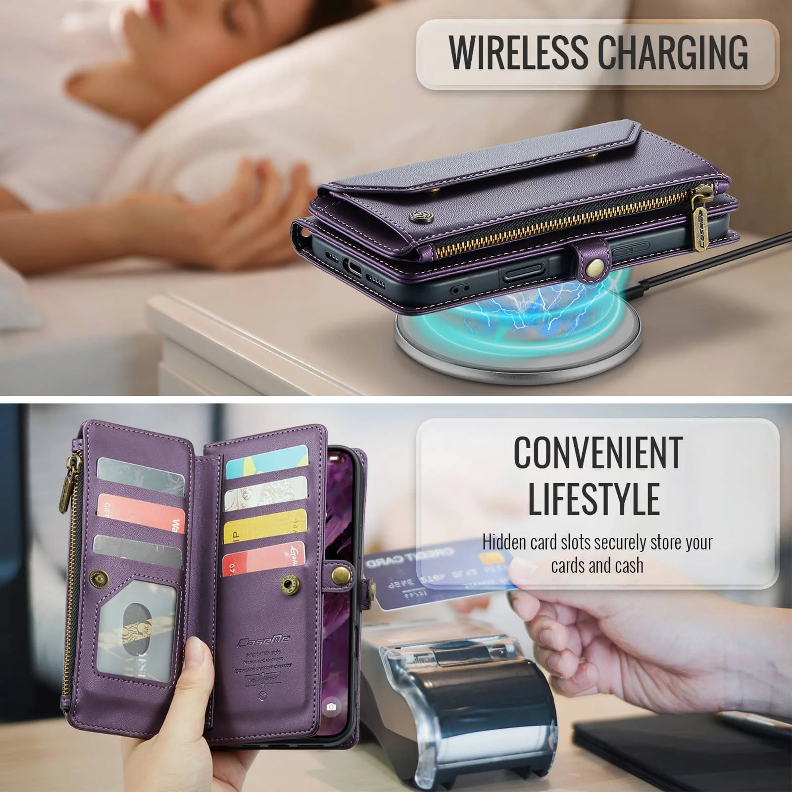 RFID Blocking Crossbody Wallet Case with Wristlet and Shoulder Strap, Premium PU Leather, 7-10 Card Holder