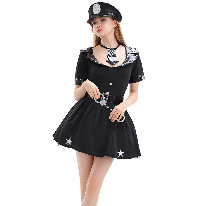 Halloween Sexy Police Costume Officer Round Neck Uniform Suit Women Carnival Party Cosplay Policewoman Fancy Black Dress Outfits