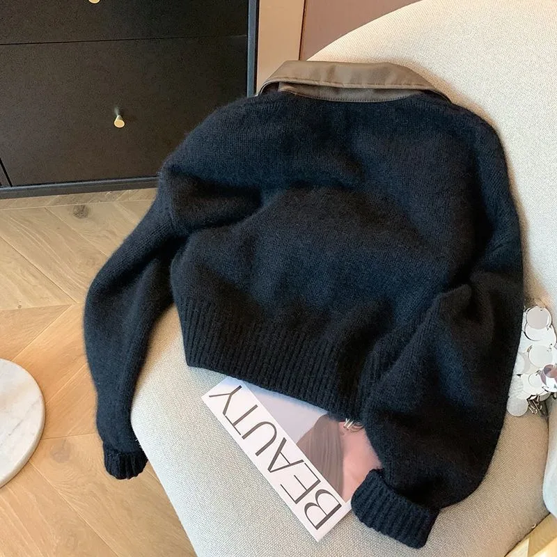 여성용 가죽 칼라 지퍼 니트 코트, 루즈한 짧은 스웨터 가디건, 부드러운 슬림 긴팔 상의, 가을 겨울 패션