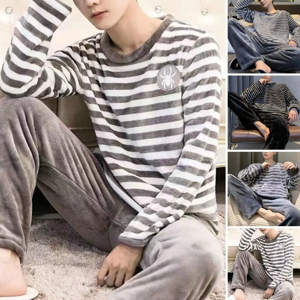 Round Neck Pajama Set Men Winter Pajama Set Striped Thick Coral Fleece Elastic Waist Homewear Fall pajamas set man pajamas set