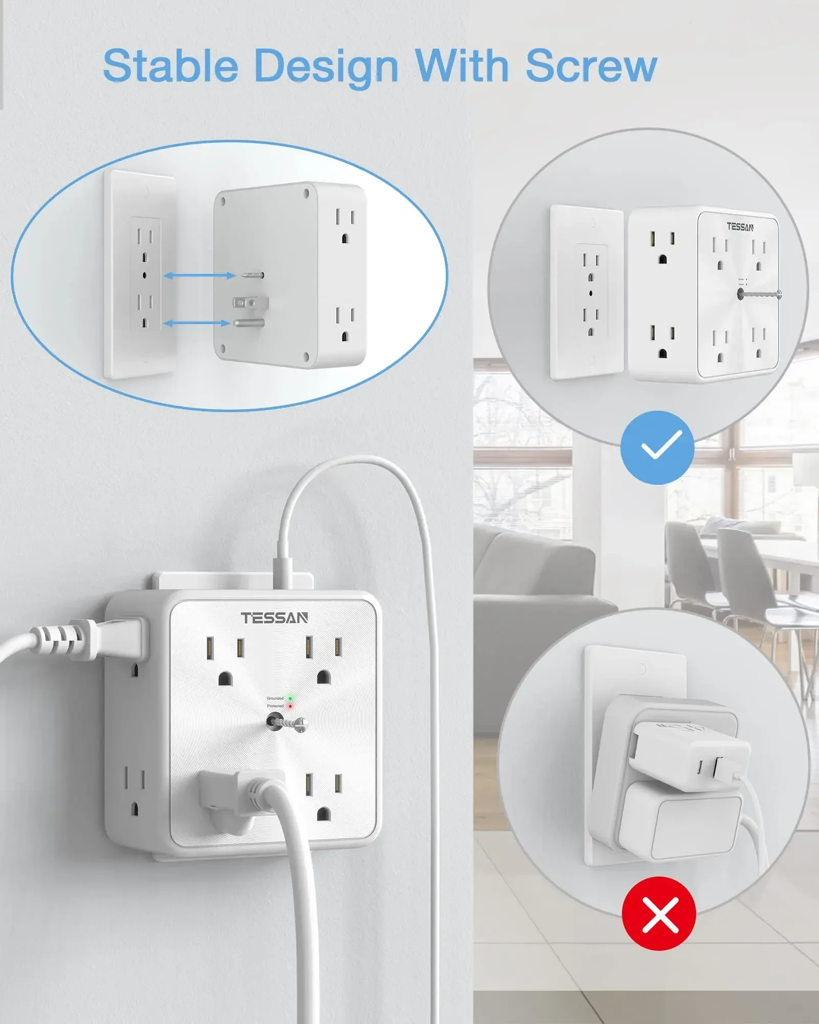 TESSAN Multi Wall Outlet Splitter with 8 AC Outlets 3 USB Type C Surge Protector Multi Outlet Extender For Home Office Dorm