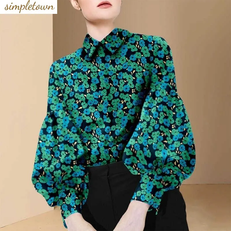 Spring/Summer 2024 Korean Edition New Celebrity Printed Shirt Women's Fashion Lantern Sleeves Top Trend