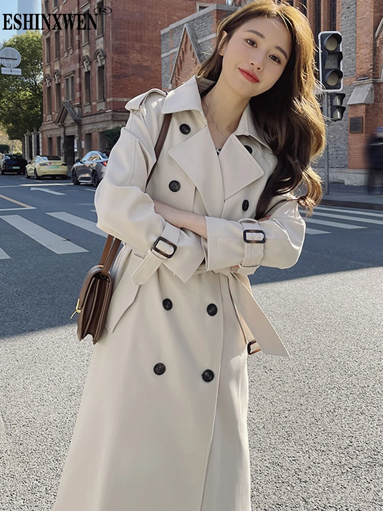 

Eshin 2023 Autumn New Korean Mid Length Windbreaker Women Lapel Belt Double Breasted Solid Color Trench Fashion Coats TH4793