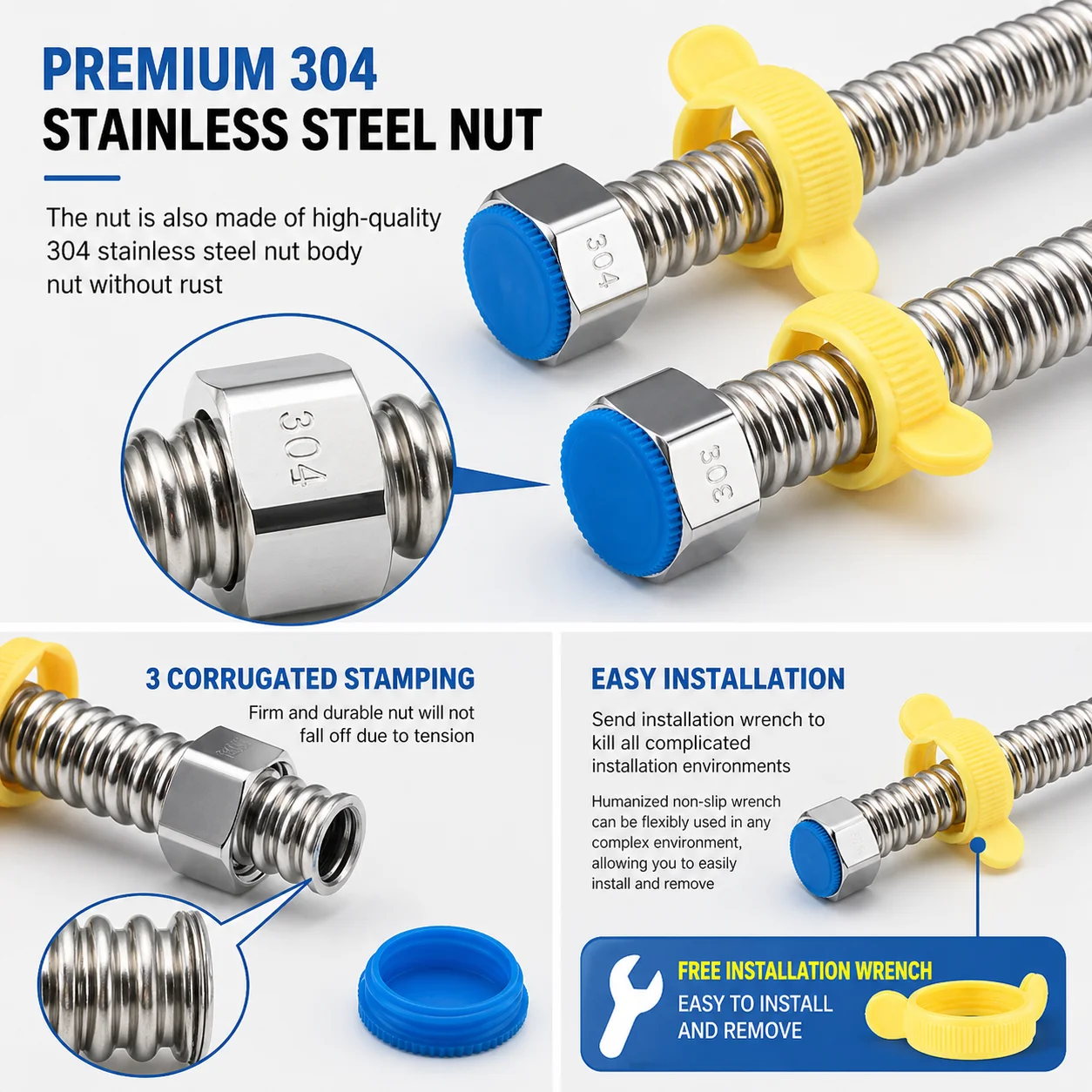 Premium Stainless Steel Water Connection Hose with Wrench