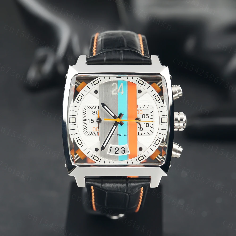 2022Fashion New Men's Color Bar Square Dial Sapphire Mirror Stainless Steel Leather Strap Sports Leisure Waterproof Quartz Watch