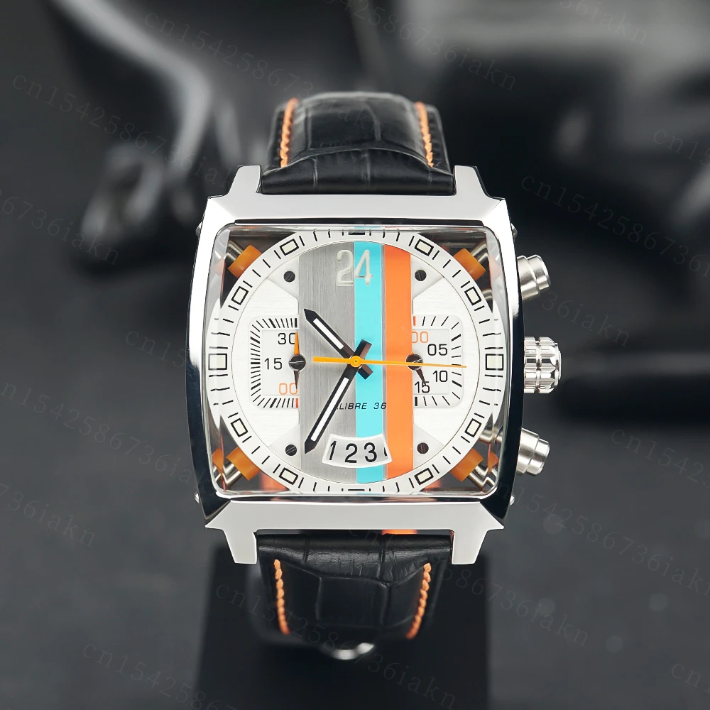 2022Fashion New Men's Color Bar Square Dial Sapphire Mirror Stainless Steel Leather Strap Sports Leisure Waterproof Quartz Watch