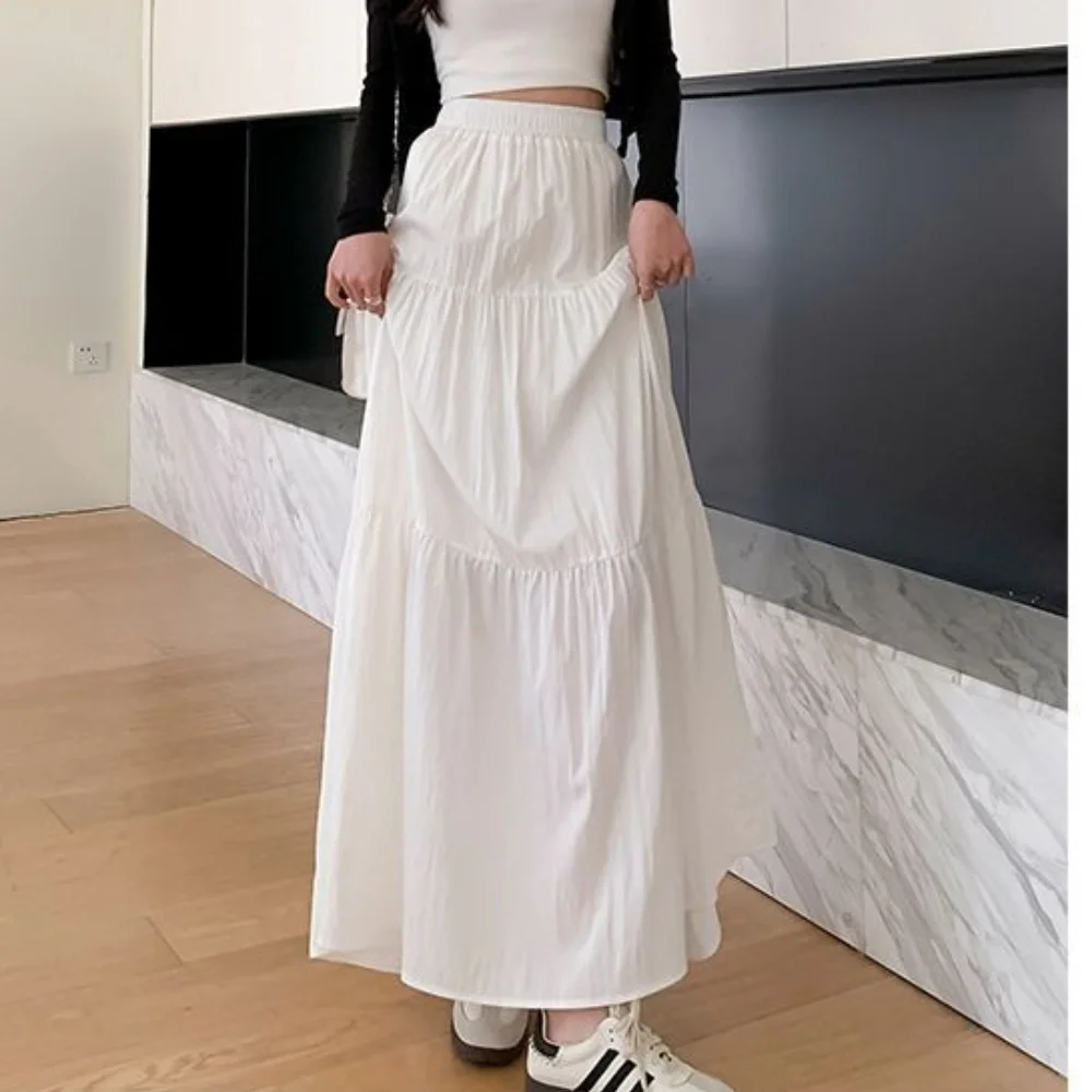 Loose Folds Skirt Pink Sweet Elegant Elastic Waist A-Line Skirt Large Swing Spring Summer Casual Cake Skirt Solid Women Clothing