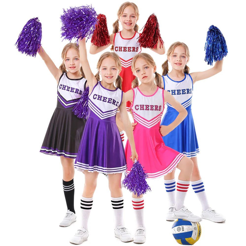 Kids Girls Cheerleading Uniform Dress With Flower Balls Sets Children Cheering Team Dancewear Dance Outfits Cheerleader Costumes