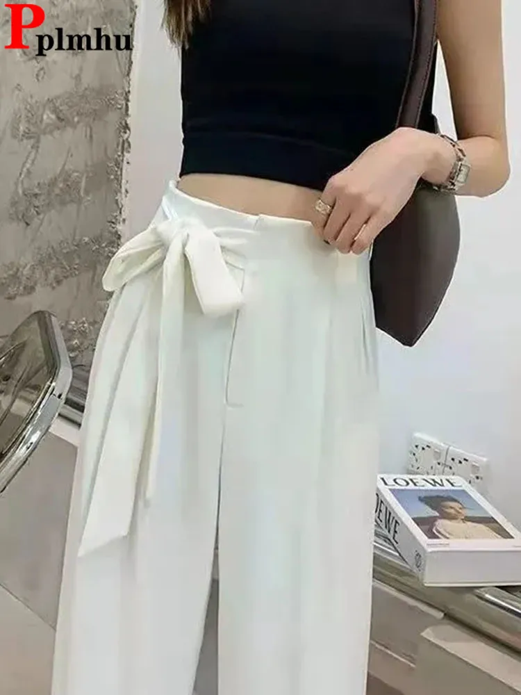 

High Waist Lace-up Casual Wide Leg Pants Women Office Straight Suit Pantalones New Korean Formal Classics Elegant Sweatpants