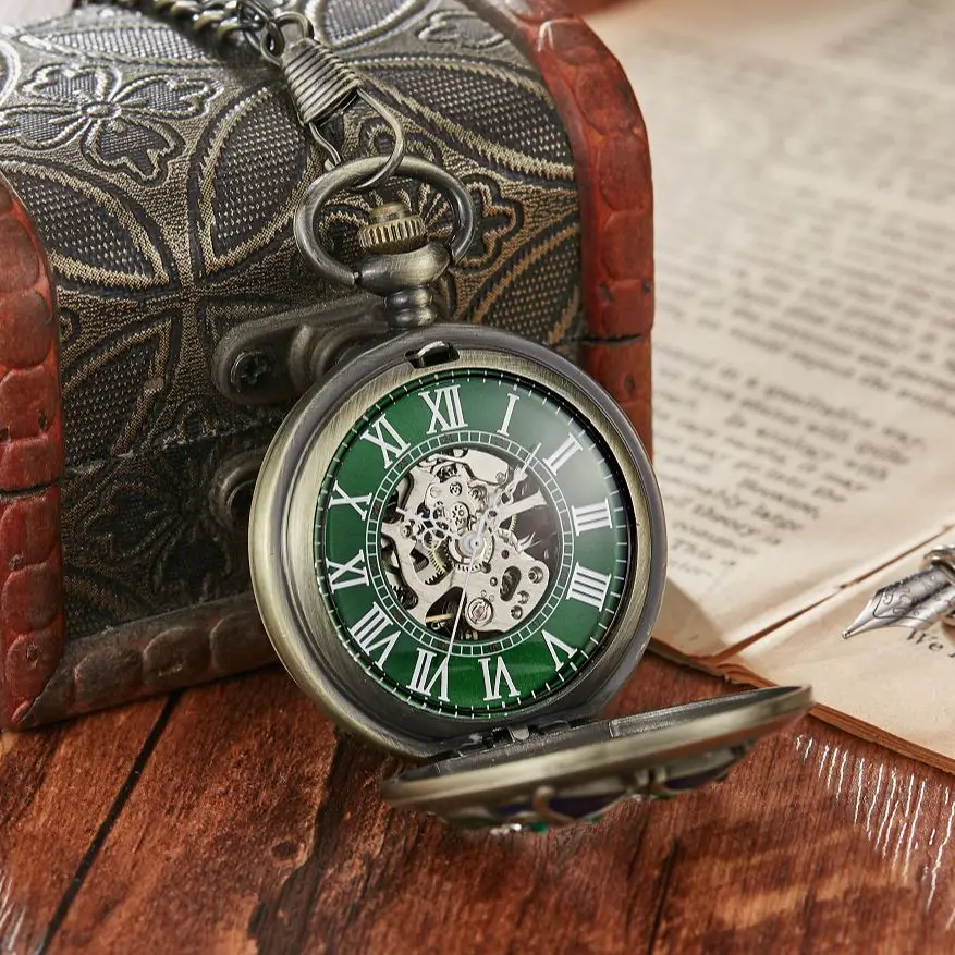 Green Owl Luxury Rhinestone Skeleton Mechanical Pocket Watch with FOB Chain Steel Metal Clock Hand Winding Doctor Pendant Watch