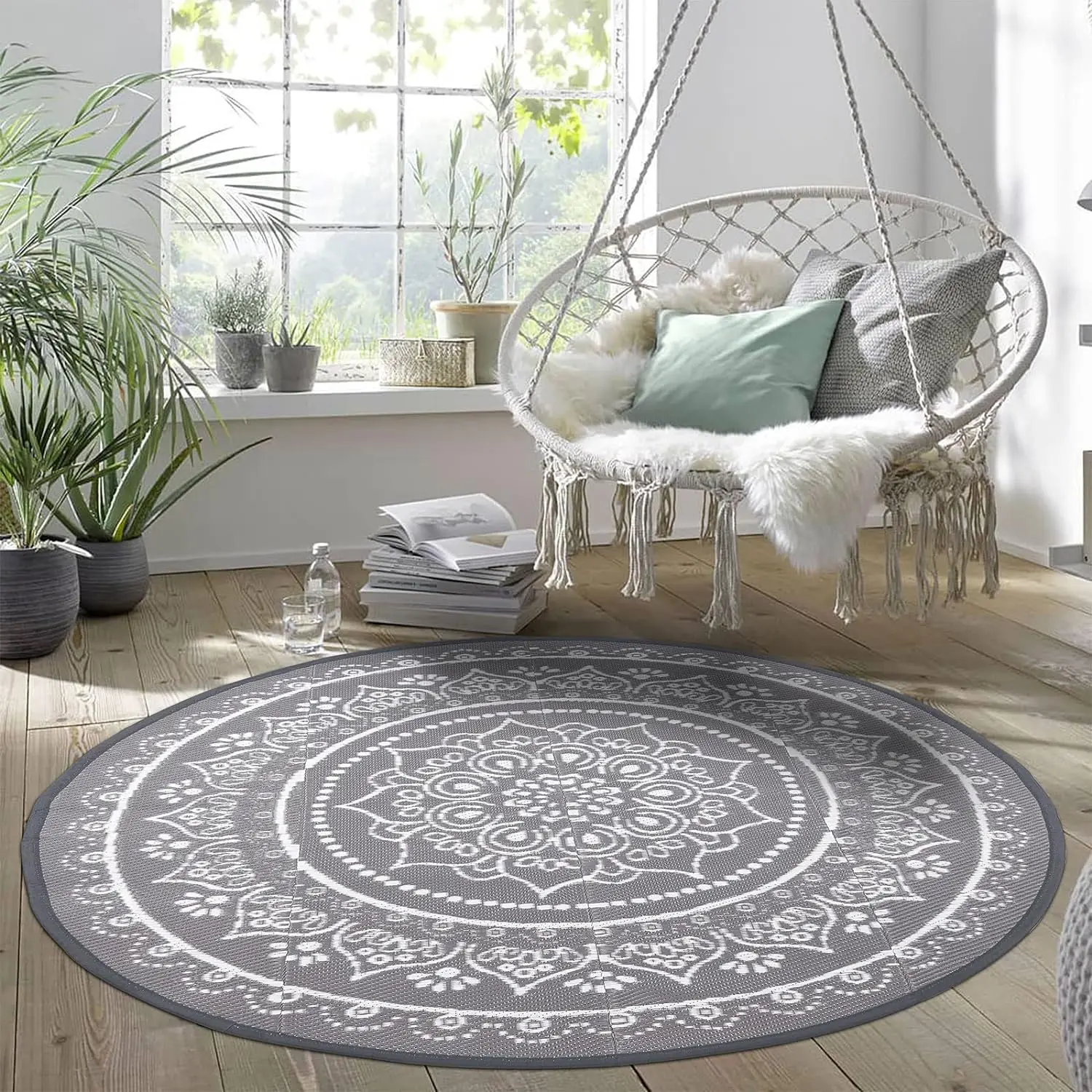 Reversible Rug Round/Square Plastic Grass Braided Rug For Outdoor Camping/Lawn/Beach/Backyard Gray