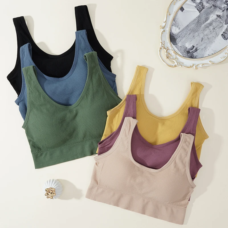 Description Picture 5 of itemSeamless Crop Top Women Underwear Wire-Free U Shaped Camisole Wide Straps Tank Striped Solid Color Bralette Sports Tube Tops