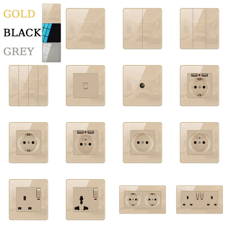 สวิทช์ไฟติดผนังประเภท86เปิด/ปิดคริสตัลเทมเปอร์หน้าจอโทรศัพท์1/2/3/4แก๊ง1/2วิธีที่ยุโรปฝรั่งเศสติดผนังทีวี USB 1