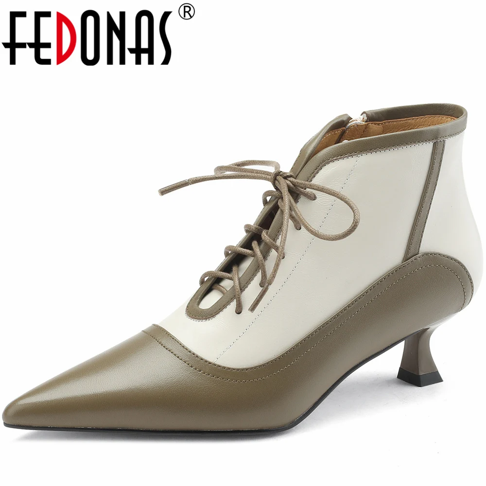 

FEDONAS Fashion Mixed Colors Women Ankle Boots Pointed Toe Thin Heels Shoes Woman Cross-Tied Zipper Office Lady Autumn Winter