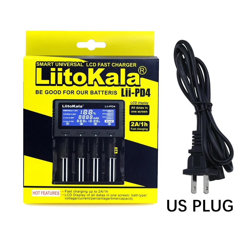 LiitoKala Lii-PD4 18650 충전기 3.7V 18350 18500 21700 20700 25500 266500 1.2V AA AAA 니켈 수소 리튬 이온 배터리 충전기, LCD 디스플레이.