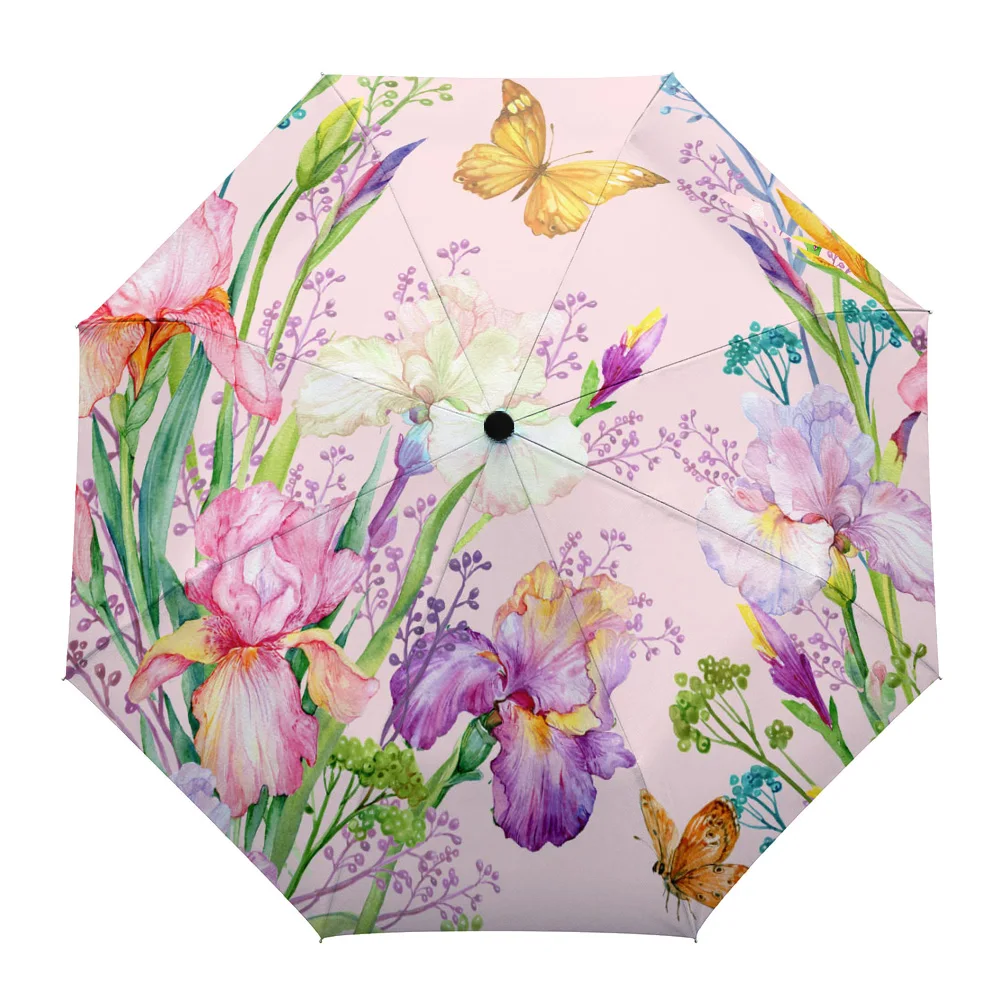 

Red Flowers Butterfly Green Leaves Plant Custom Automatic Umbrellas for Women Male Windproof Folding Rain Umbrella Parasol