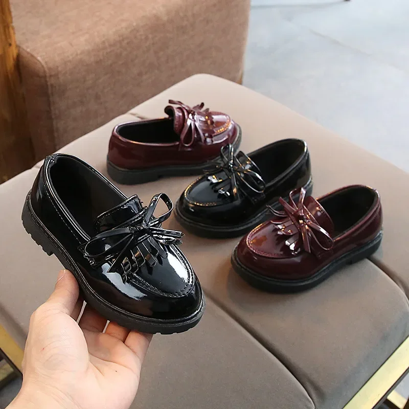 Spring Autumn Girls Casual Leather Shoes Fringe Kid Holiday Party Shoes Brand Tassel Bow Flats Size 21-37 H06223