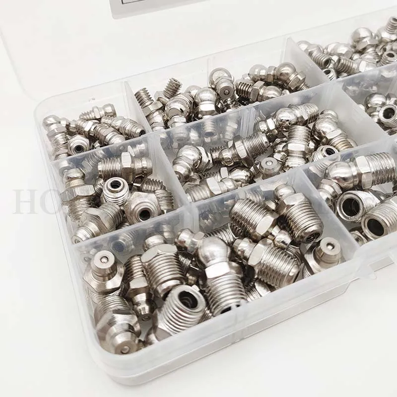 Grease Fittings Kit 115pcs Hydraulic Grease Zerk Assortment Straight 45 90 Degree Angled Fittings Galvanized Steel Set