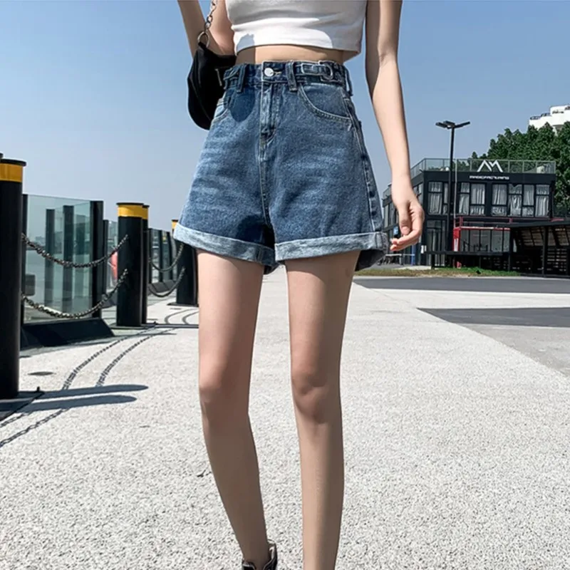데님 여성용 하이웨이스트 와이드 레그 반바지, 조절 가능한 벨트와 밑단 달린 루즈한 여름 핫팬츠, 패션 브랜드