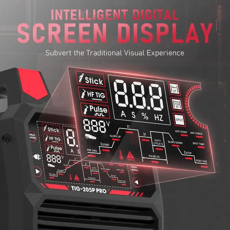 YESWELDER TIG-205P-PRO Pulsed 205Amp TIG Welder, Stick/DC TIG/Pulse TIG 3-In-1 IGBT Inverter Large LED Digital Display 5