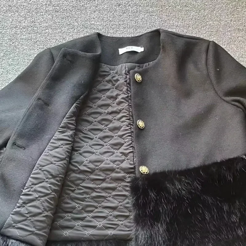 GkyocQ 2024 가을 겨울 두 조각 세트 여성 블랙 모피 스플 라이스 트위드 짧은 재킷 미니 스커트 정장 여성 스커트 세트