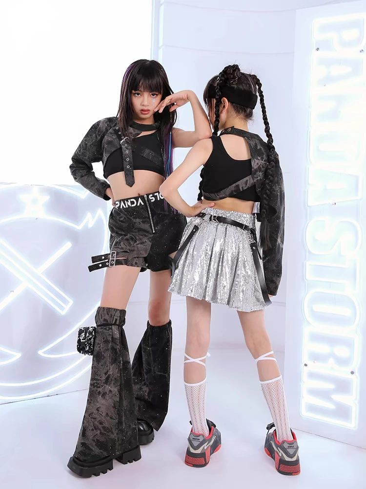 Kids Jazz Hip-Hop Dance Performance Costumes One-Sleeve Tops Silver Skirt Girls Stage Outfit Rave Modern Street Dance Clothes