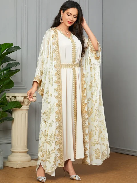 Eid Muslim Party Dress for Women Abaya with Inner Dress 2 Piece Set Jalabiya Ramadan Abayas Robe Caftan Vestidos Largos 2024 1