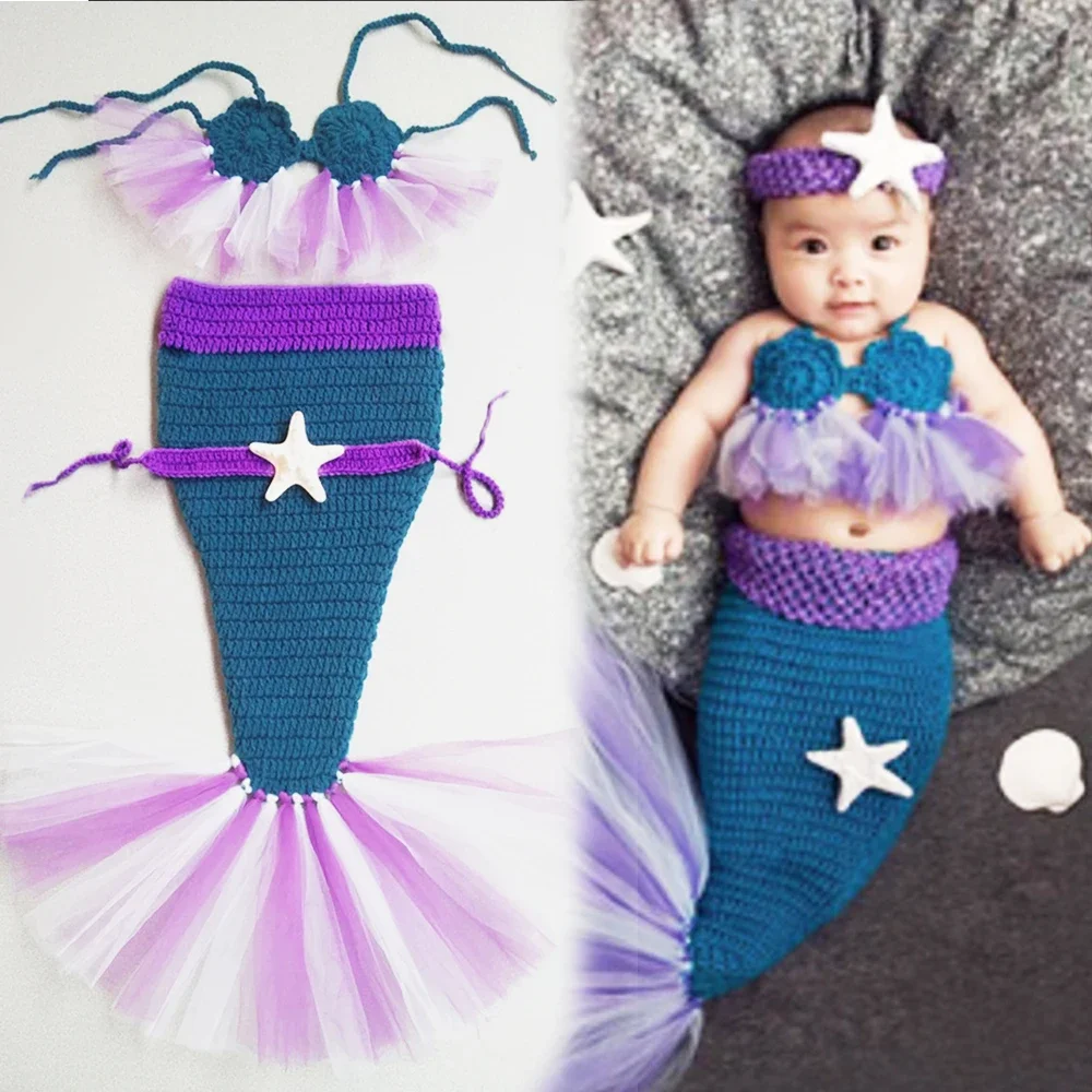 Newborn Photography Props Baby 0-3M Outfits Girls New 2021 Costume Boy Toddlers Kids Handmade Headband Crochet Mermaid Tail Set pudcoco newborn infant baby boy rompers jumpsuits hat kids boy cotton clothes set warm outfits 0 6m long pants warm outfits