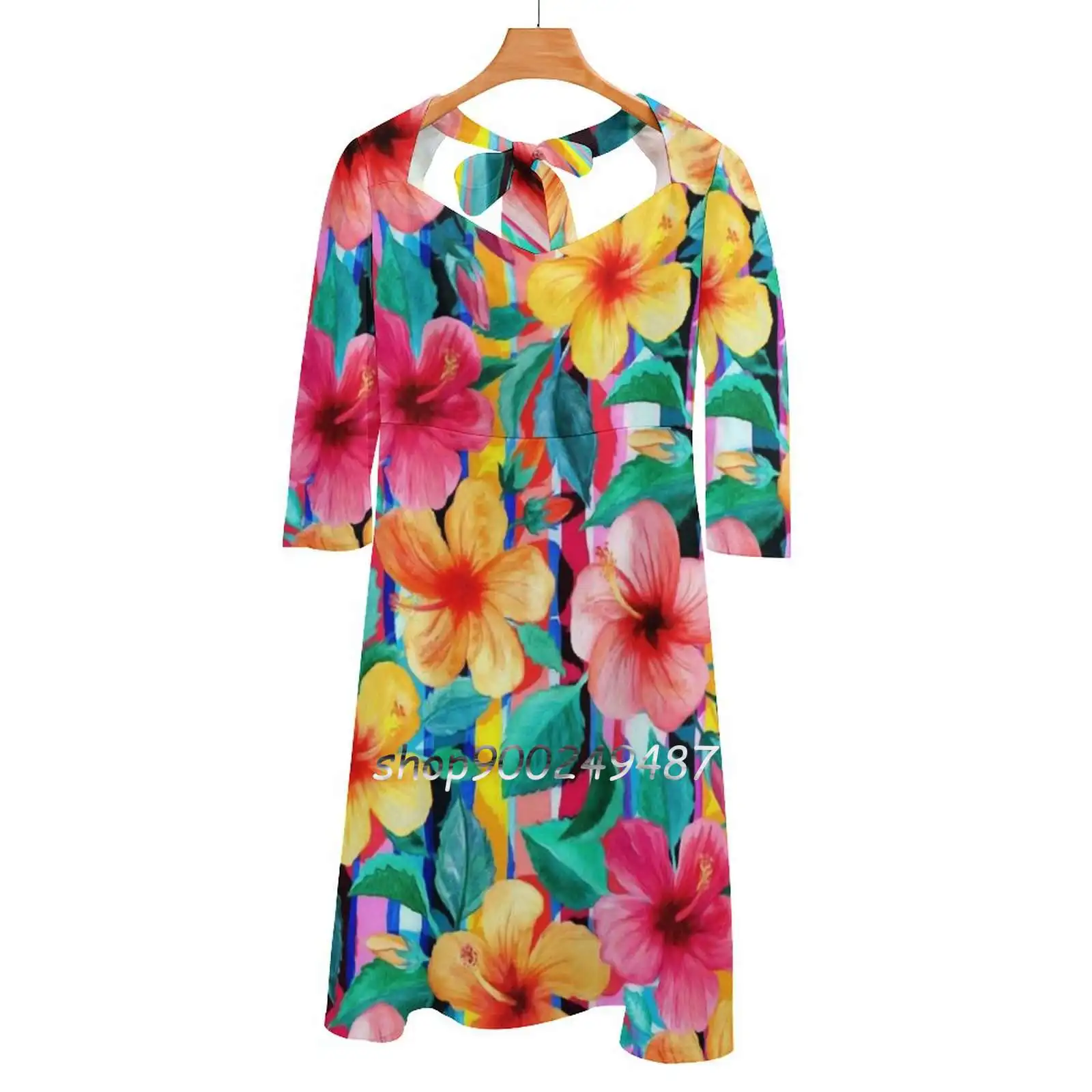 

Ott Maximalist Hawaiian Hibiscus Floral With Stripes Sweet Elegant Dress Women Korean Kawaii Square Collar Dress Hawaiian