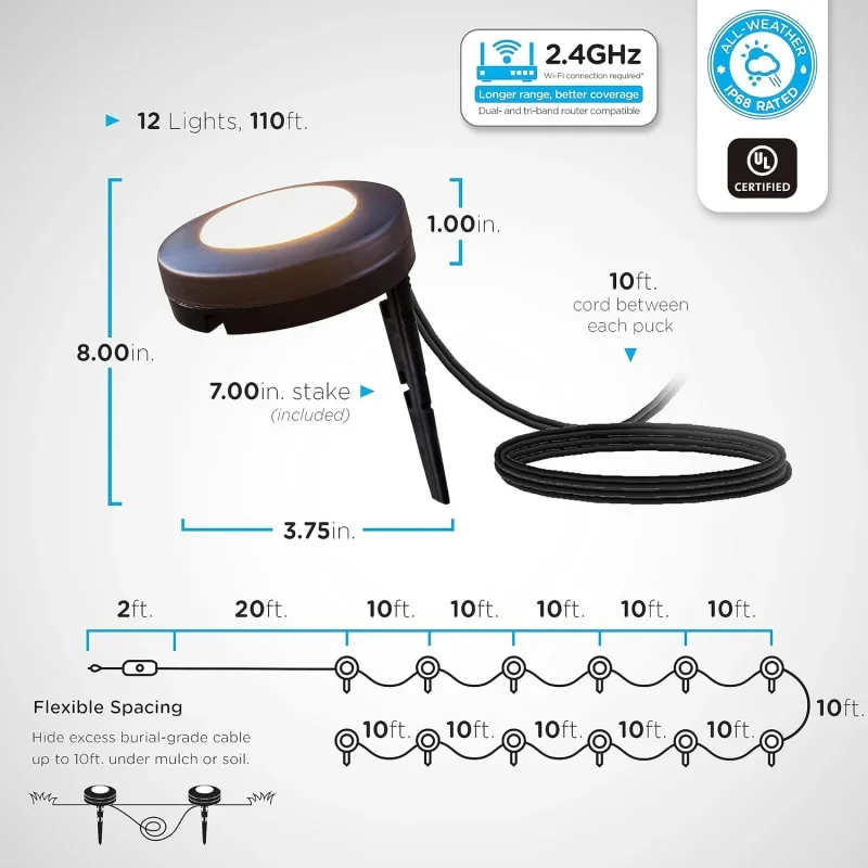Premium LED Smart Garden Lights, 12 Landscape Lights, 110ft Cord Plus 22ft Lead Wire, Compatible With Alexa And Google Play