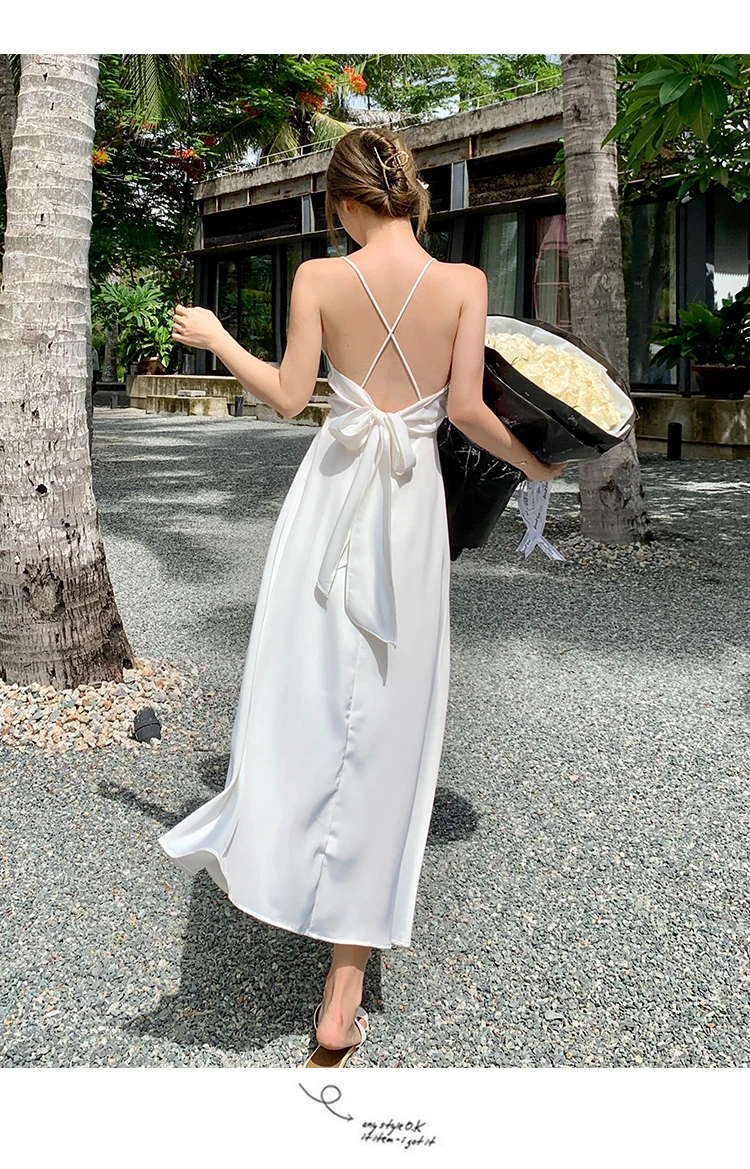 White Satin Spaghetti Strap Dress Women Sexy Summer Beach Dress Holiday Sleeveless Bow Lace Up Bandage Elegant Backless Dresses maxi dresses for women