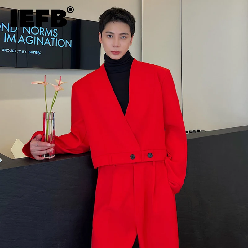 

IEFB Elgance Men's Blazers Fashion 2023 New Personality Clothing Korean Luxury Red V-neck Suit Coat Trend Male Business 9C1776