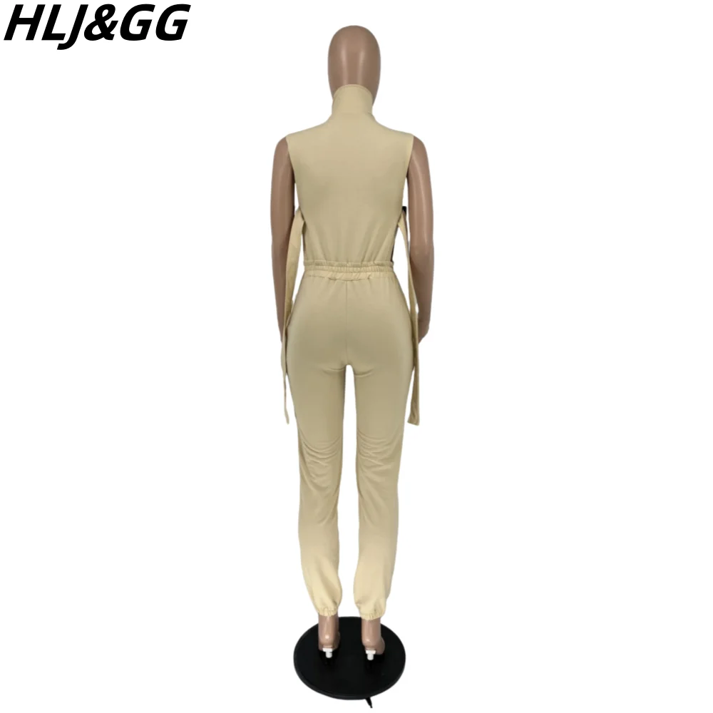 HLJ&GG Spring New Solid Side Hollow Out Jumpsuits Women Turndown Collar Zipper Drawstring Cargo Pants Playsuits Female Overalls
