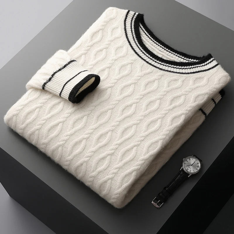 

Мужской свитер с круглым вырезом, черно-белая полоска, контрастная Толстая трикотажная рубашка, осень/зима, 100% шерсть